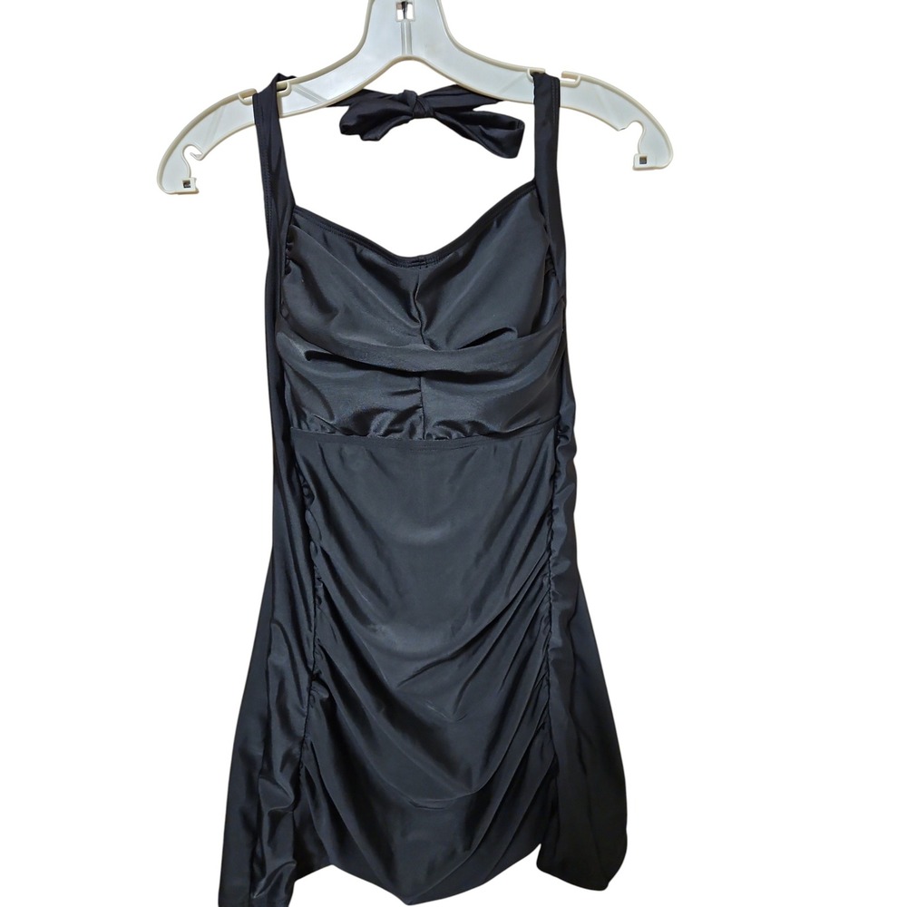 Womens Black Ruched Halter Swim Dress One Piece Swimsuit Boy Short Lining 0636